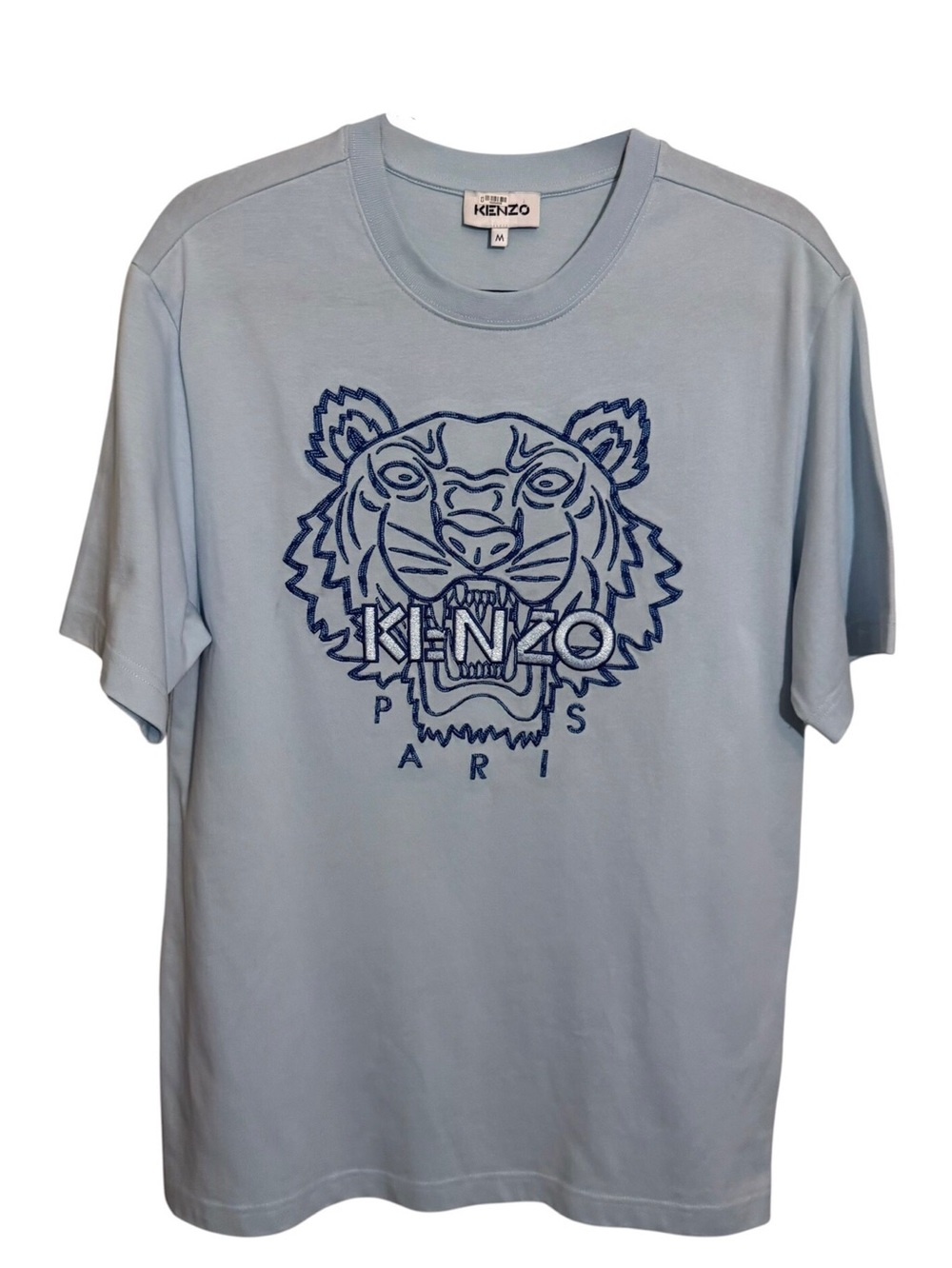 Kenzo Men’s Size Medium Light Blue Tiger Head Graphic Tee Embroidered Cotton